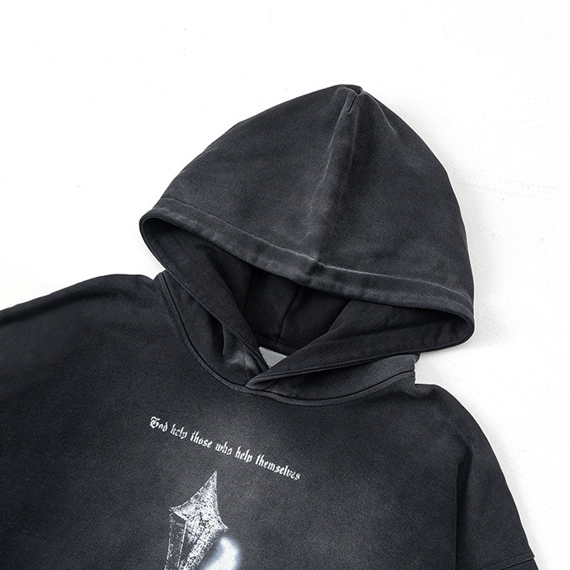 Men's Autumn Washed Heavy Metal Print Hooded Sweatshirt for Men