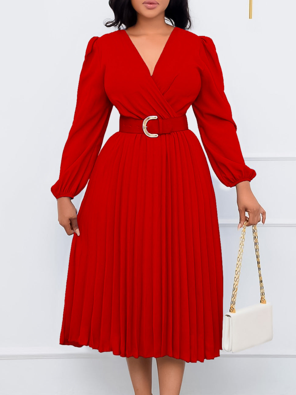 Women Casual Long Sleeve Belt Chiffon Dress Office Elegant Commuter Solid Party Dress Fashion Deep V-neck Wrap Long Dresses