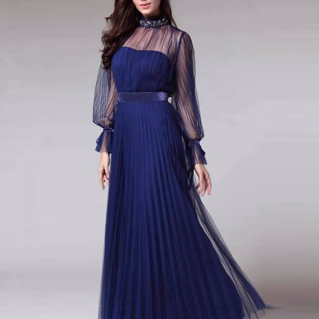 Fashion Dress Blue Temperament Evening Dress Slim Dinner Dress Long Net Yarn Women's Sexy Fashion Street Dress