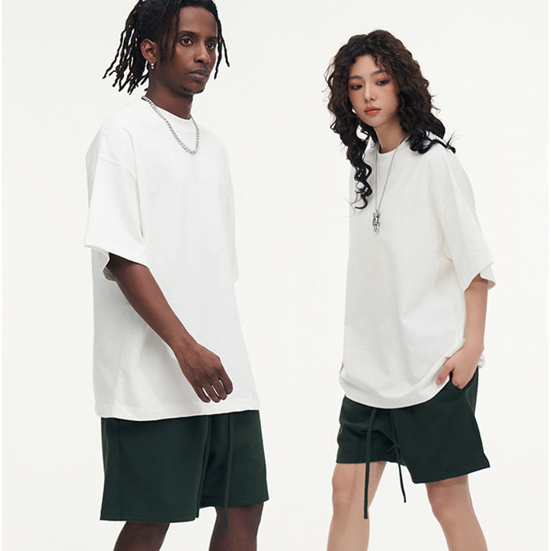 Double yarn pure cotton short-sleeved men's and women's loose casual off-shoulder T-shirt customization