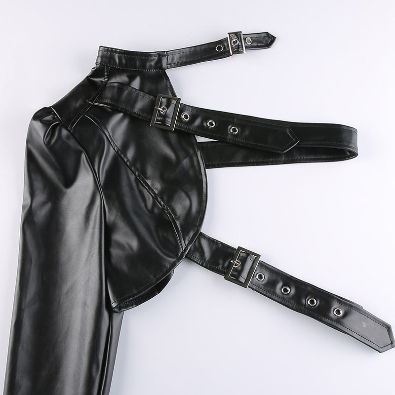 Women Punk Style Crop Tops, Cool Single Long Sleeve Neck Hanger Leather Belt