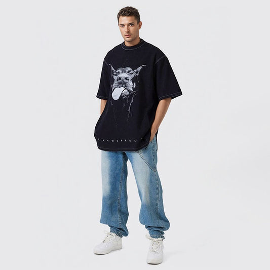 Doberman print washed retro high street popular round neck short-sleeved T-shirt for men and women street