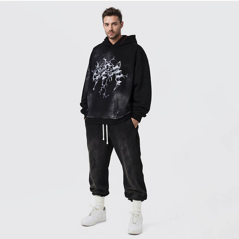 Men's autumn retro metal rock distressed washed loose hooded sweatshirt
