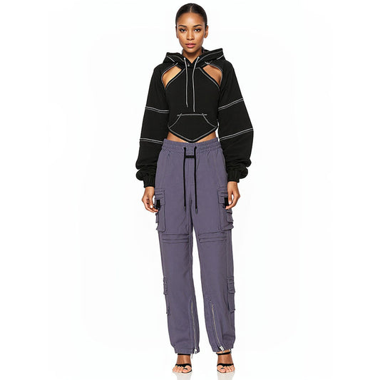 Contrast topstitched short hooded sweatshirt for women layered blouse waistcoat long-sleeved top