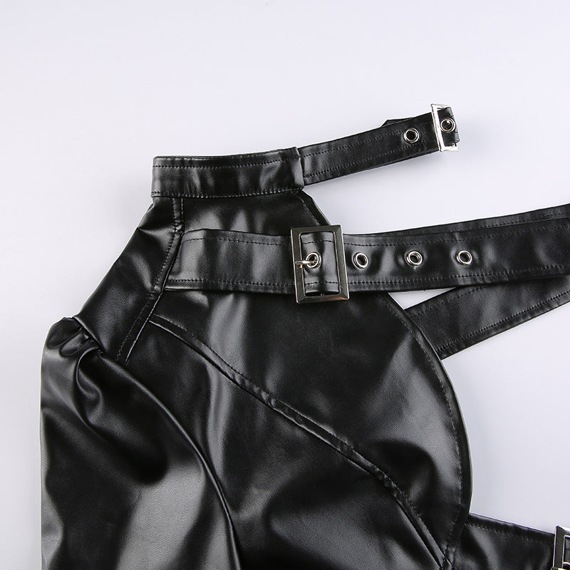 Women Punk Style Crop Tops, Cool Single Long Sleeve Neck Hanger Leather Belt