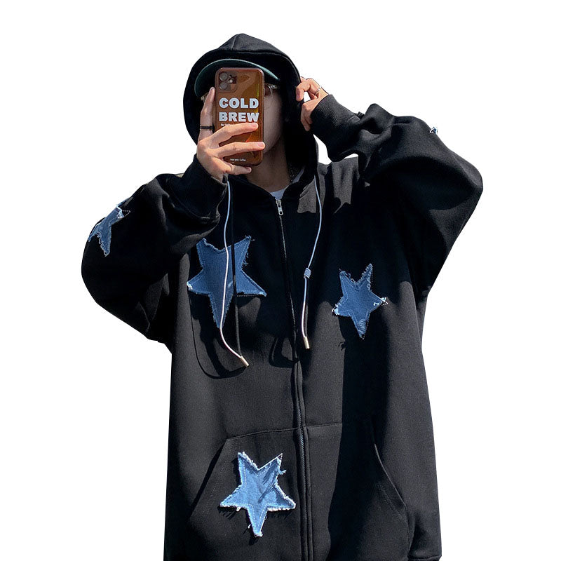 Men's cardigan sweatshirt with embroidered stars autumn and winter trend loose plus velvet thick hooded jacket