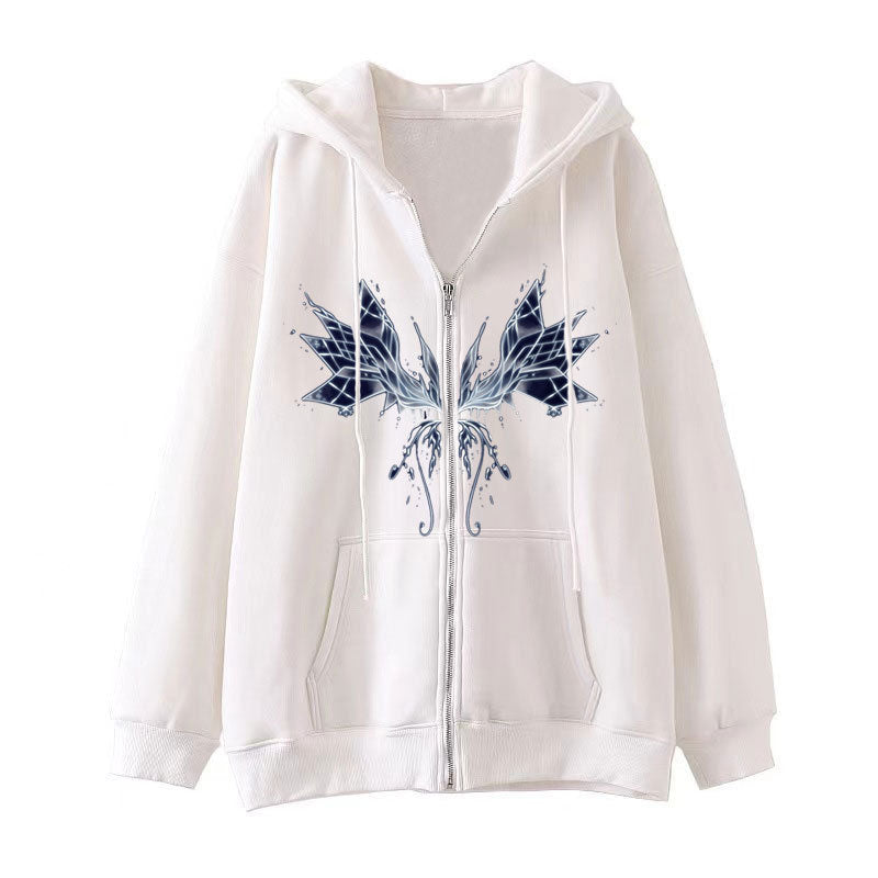 Dark style hip hop goth butterfly print zipper hoodie Harajuku jacket sweatshirt