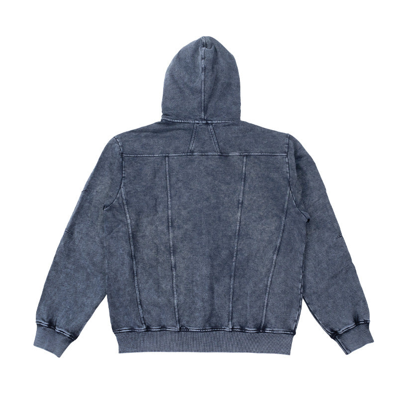 Pure cotton zipper retro sweatshirt heavy acid wash hoodie men's cardigan for men