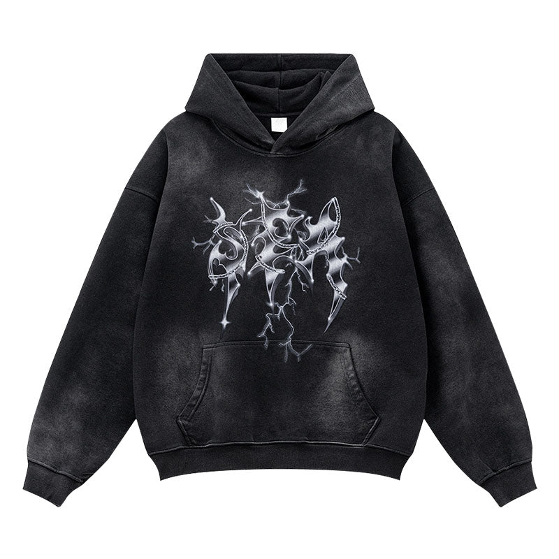 Men's autumn retro metal rock distressed washed loose hooded sweatshirt