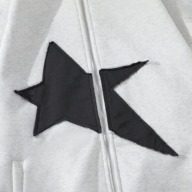 Star pattern patch decorated zipper sweatshirt for men and women in spring and autumn loose couple sports coat