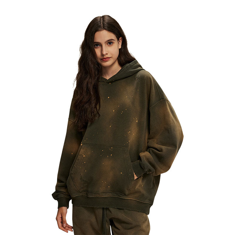 Autumn and winter 450g terry distressed men's and women's street suits retro loose washed hooded sweatshirts