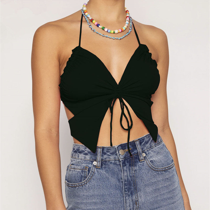 Women's Sexy Halter Crop Top Bare Midriff Camisole Bow Knot Bodycon Short Shirt with Drawstring