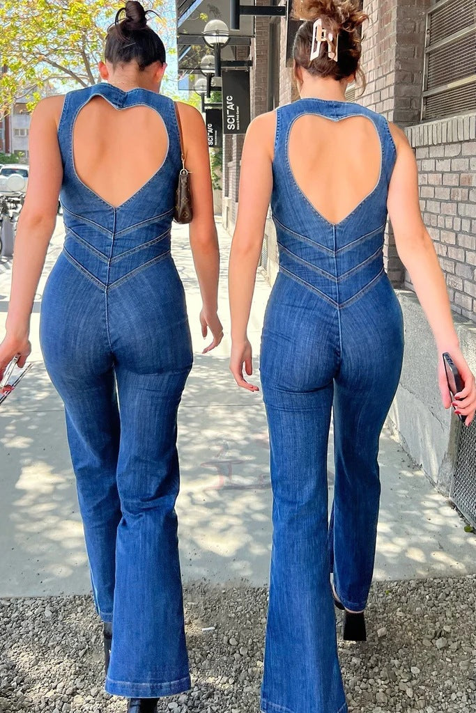 Womens Sexy Slim Fit High Waist Denim Jumpsuit Sleeveless Zipper Backless Wide Leg Rompers