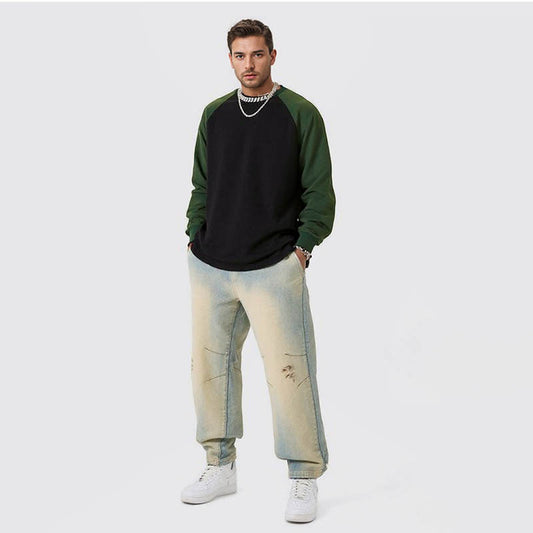 Men's casual pure cotton long-sleeved T-shirt two-color color matching loose long-sleeved bottoming shirt