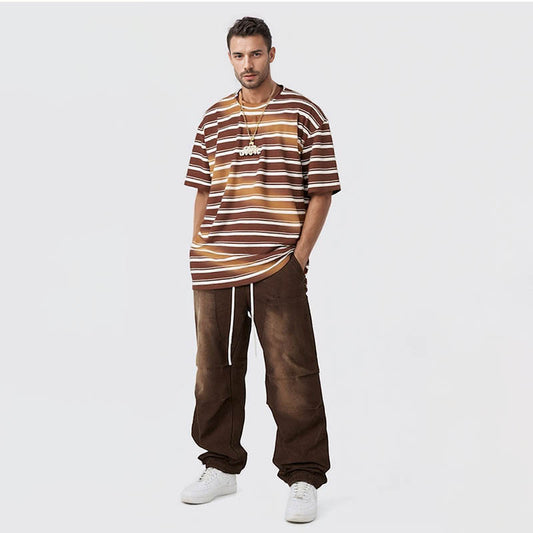 Men's spring/summer wash gradient striped color contrast round neck short-sleeved street couple T-shirt