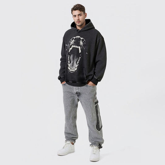 Doberman print heavyweight washed distressed hooded sweatshirt men's long-sleeved hoodie