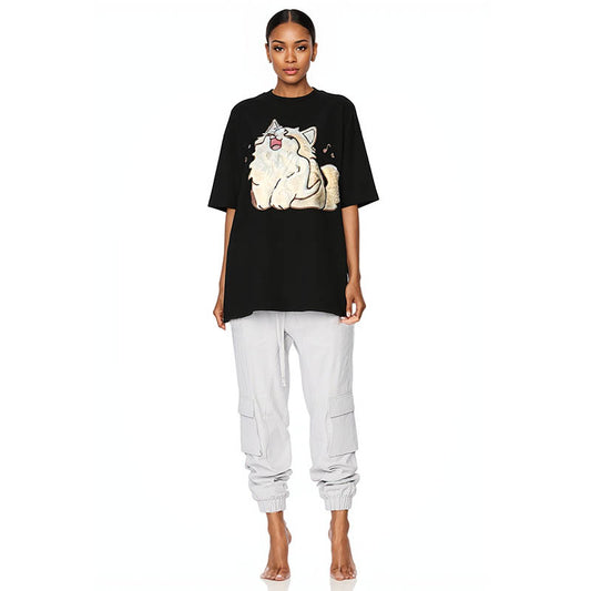 Summer trendy fun creative T-shirt happy singing cat series printed short sleeves for men and women