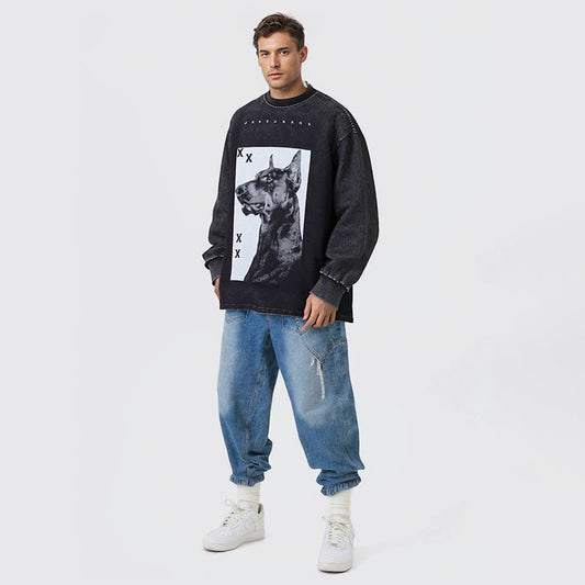 High Street Retro Doberman Direct Print Printed Washed Long Sleeve T-Shirt Men's Loose Top T-Shirt for Men