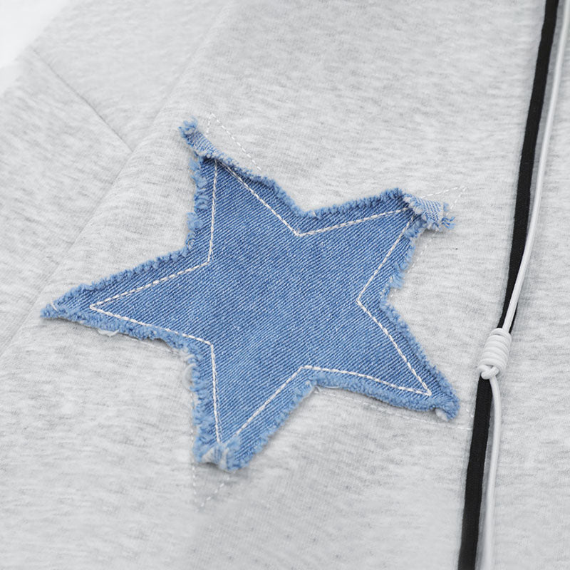 Oversized Crewneck Sweatshirt Women Autumn Trendy Vintage Star Patch Zip Up Hooded Jacket Loose Casual Couple Hoodie