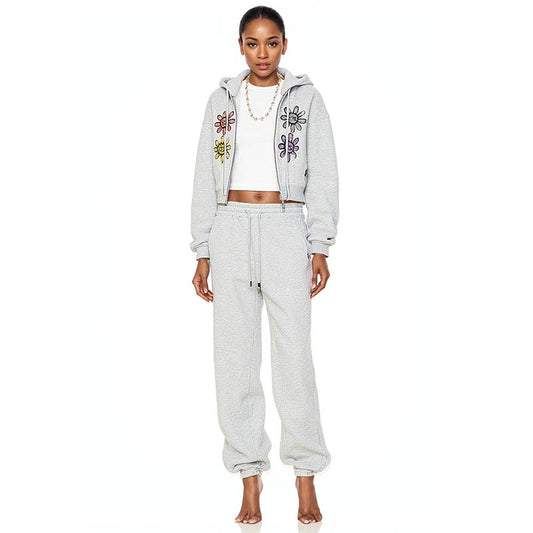 Women's autumn niche plus velvet gray short pocket sweatshirt zipper cardigan women's top