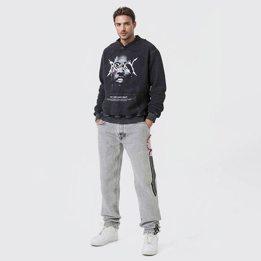 Pure cotton high street alphabet print wash vintage hoodie men's and women's loose pullover jacket sweatshirt