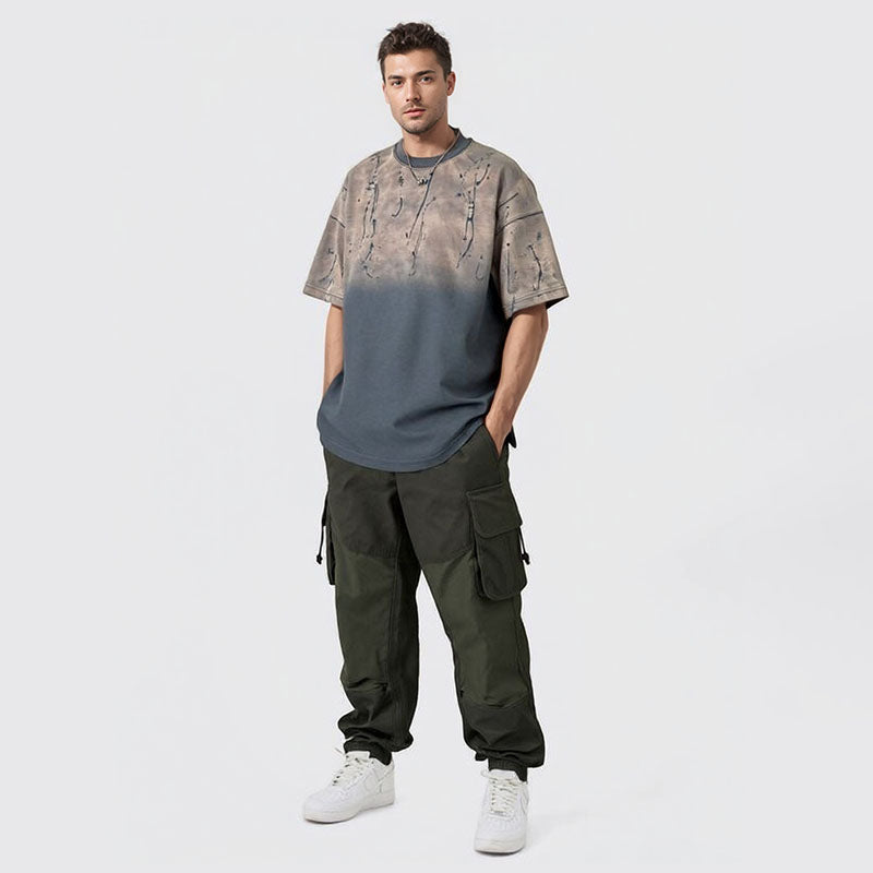 Gradient wash fabric applique embroidery short sleeve T-shirt for men