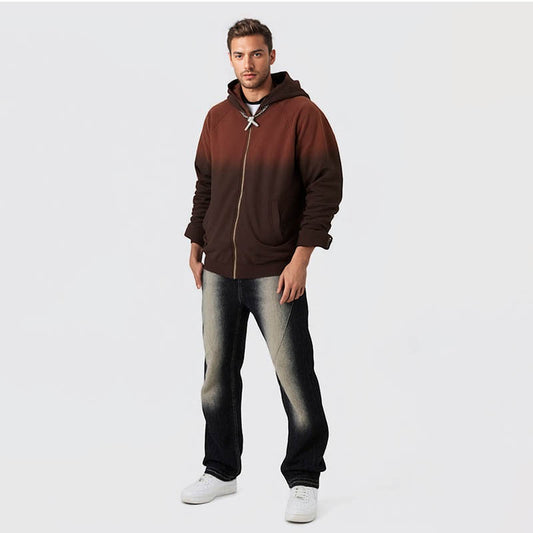 Men's Autumn and Winter New Gradient Sweater Retro Washed Distressed Zipper Jacket Hoodie