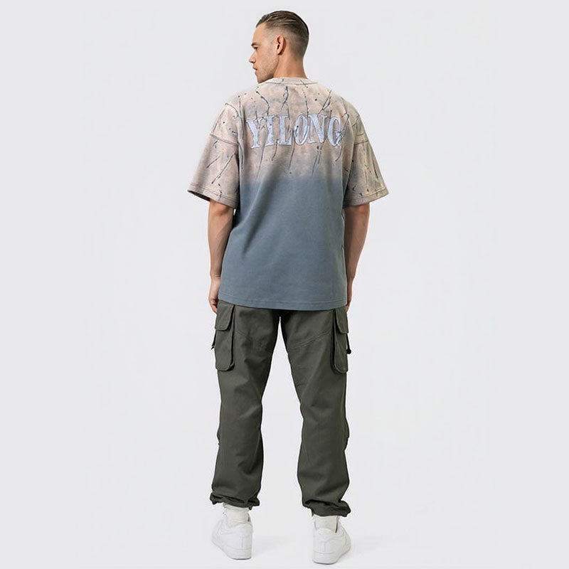 Gradient wash fabric applique embroidery short sleeve T-shirt for men