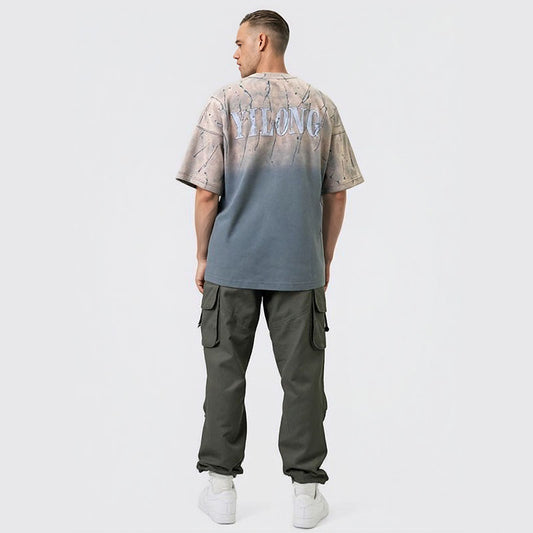 Gradient wash fabric applique embroidery short sleeve T-shirt for men