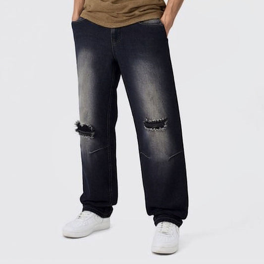 Washed vintage ripped straight-leg jeans