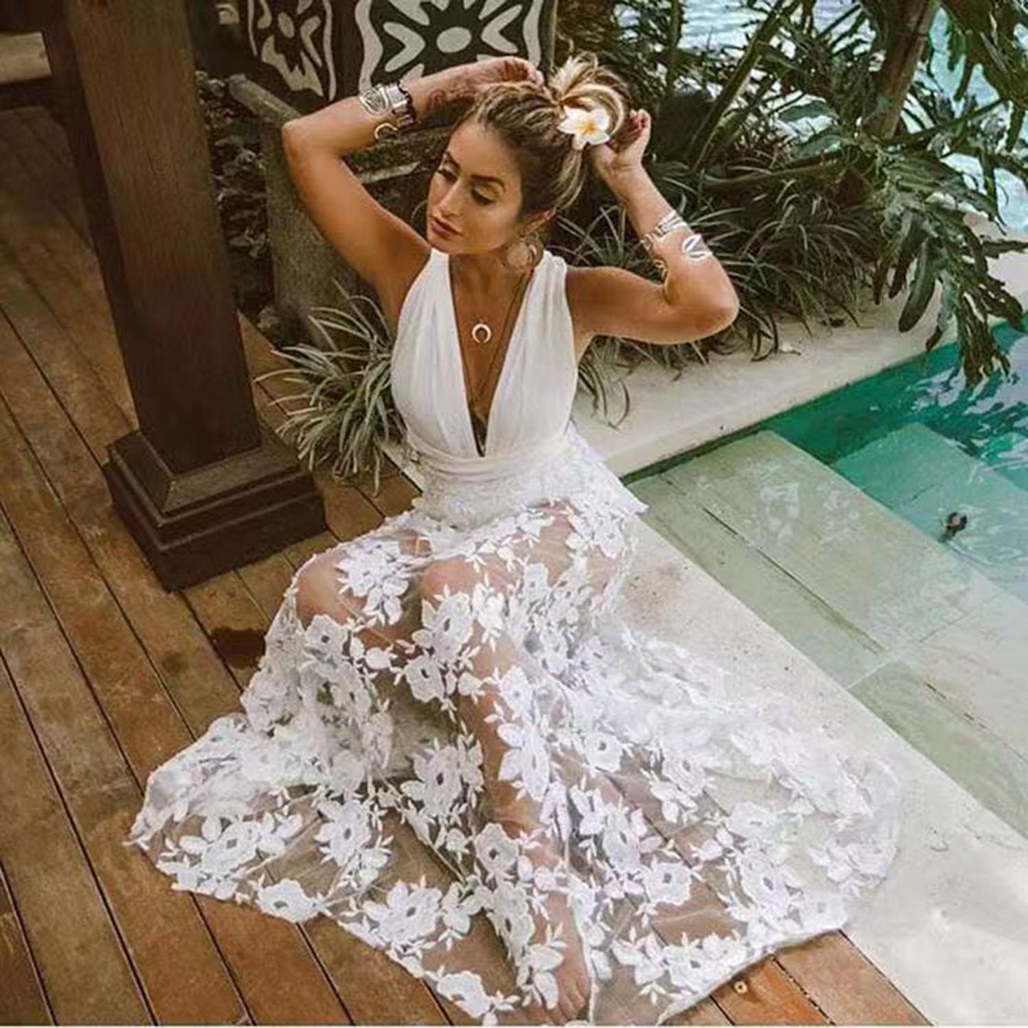 Summer Clothes for Women New Arrival See Through Beach Dress White Lace Sexy Robe Longue Femme Mesh Backless Floral Dress