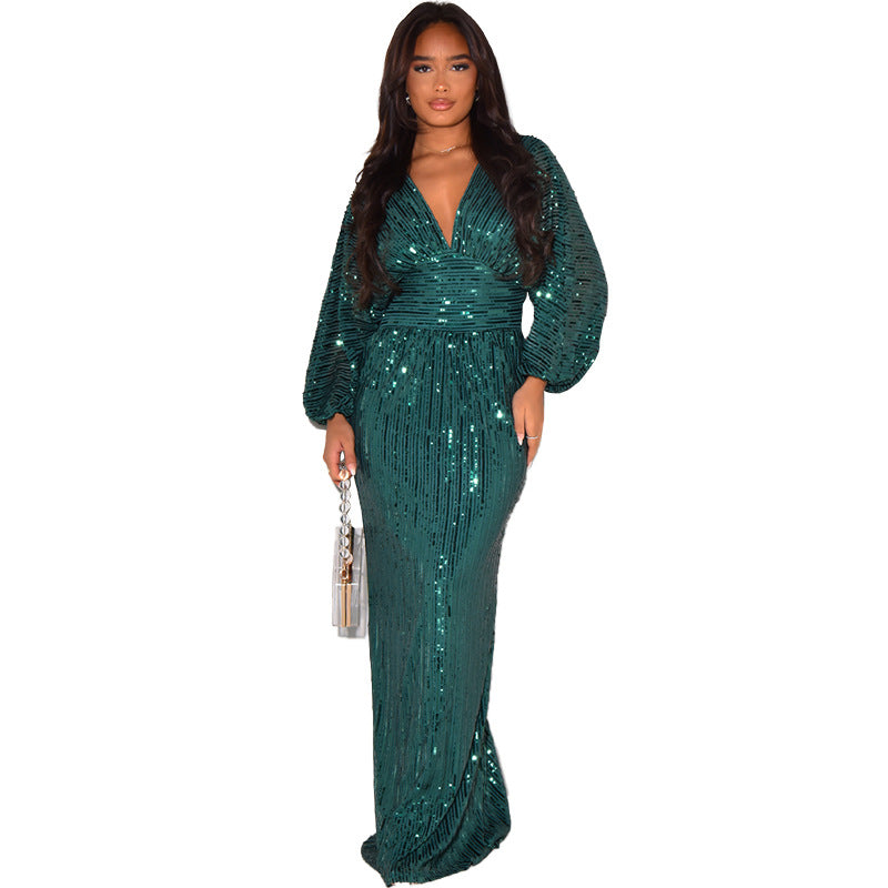 Women's dress sequined long-sleeved V-neck sexy sequined long dress