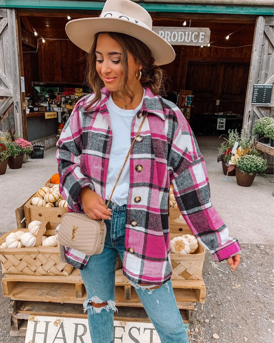 Sassy Fuchsia Plaid Flannel Button Down Shacket top shirt