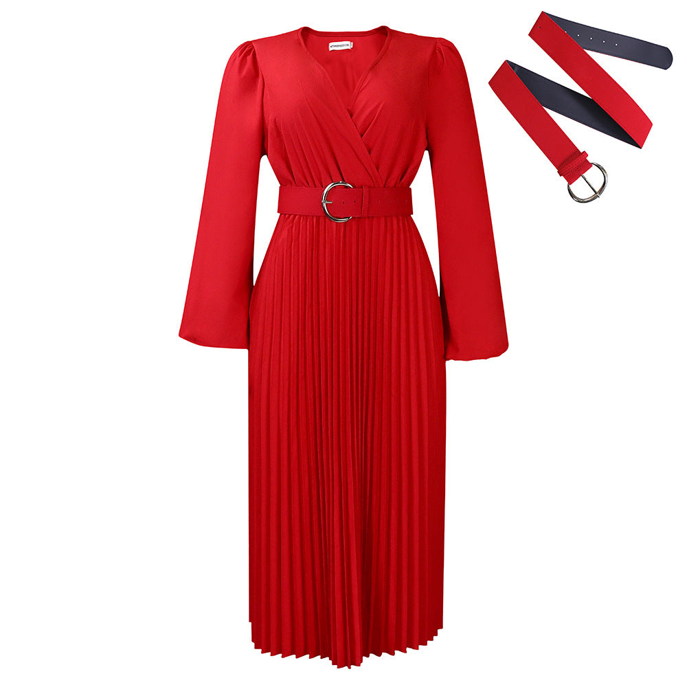 Women Casual Long Sleeve Belt Chiffon Dress Office Elegant Commuter Solid Party Dress Fashion Deep V-neck Wrap Long Dresses