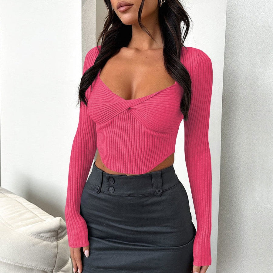 Women's Long Sleeve Slim Fit Crop Sweater V Neck Ribbed Knit Pullover Top