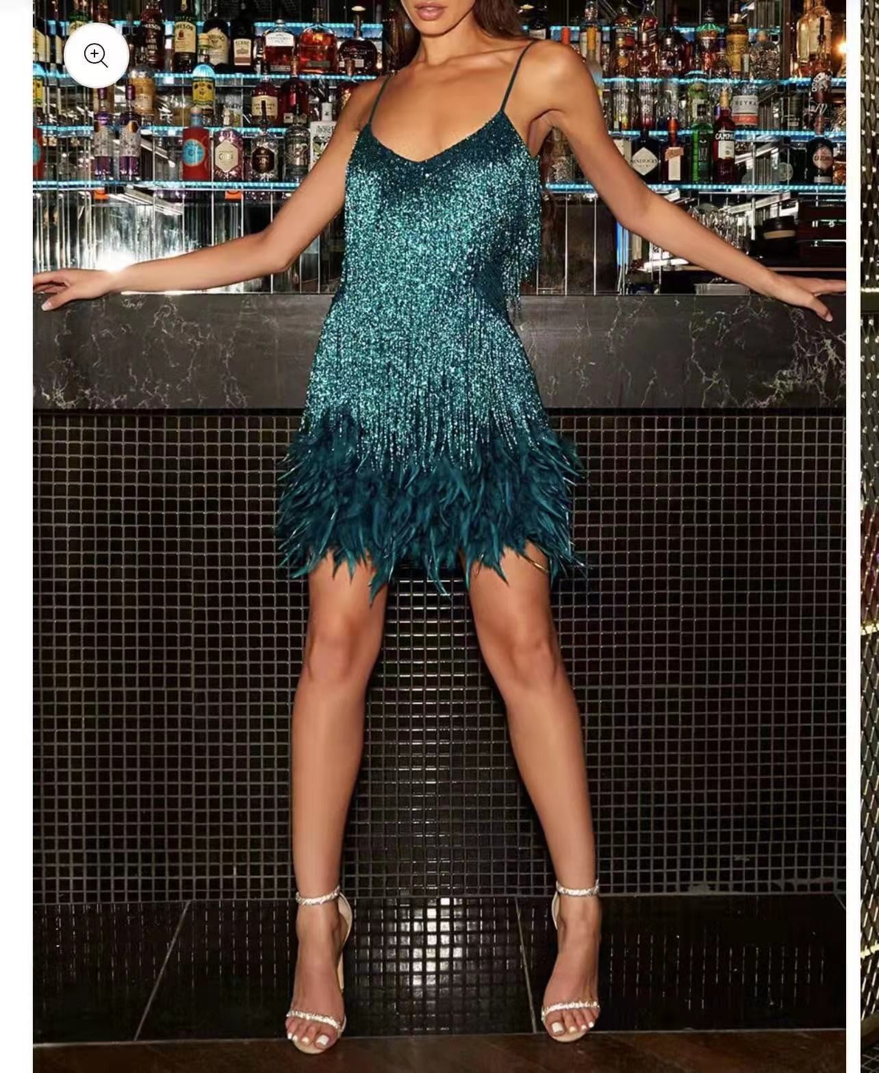 Short Sequin Dress Sexy Deep-V Sparkly Glitter Fall Winter Bodycon Spaghetti Straps Dress Dress